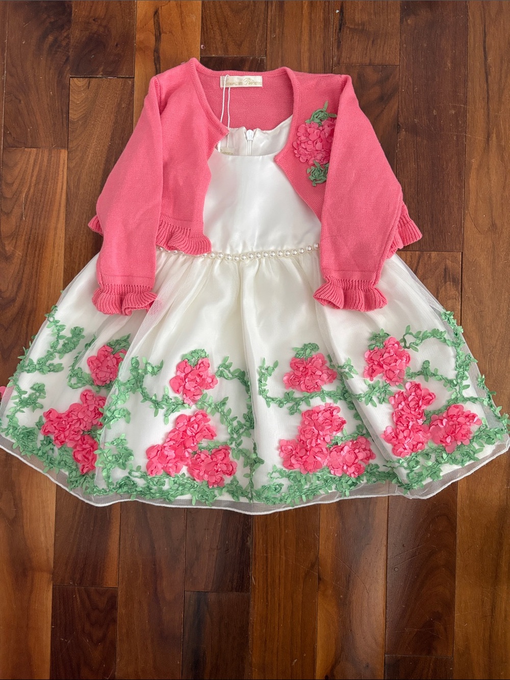 American Princess White Dress with Pink Floral Appliques and Pink Cardigan